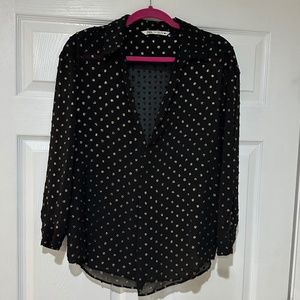 Zara Semi-Sheer Black Blouse With Gold Textured Dots Size Medium